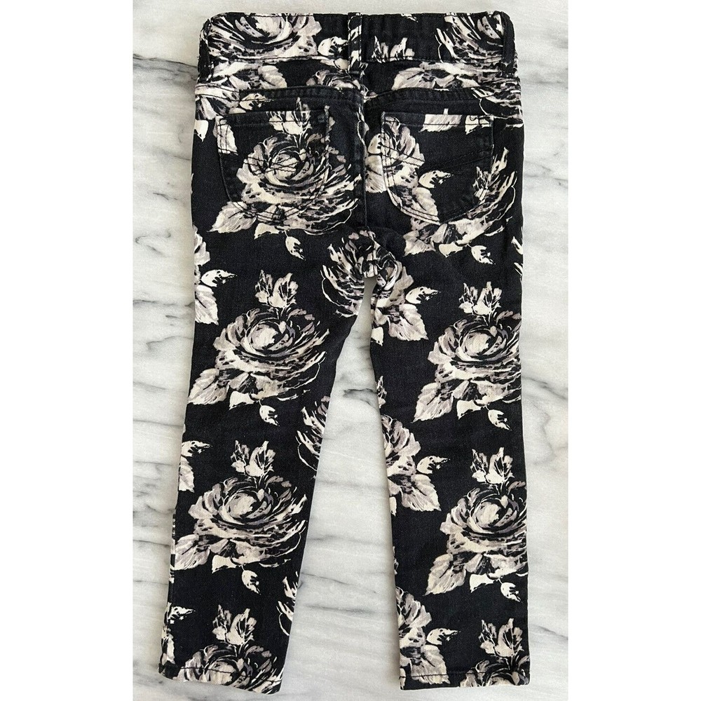 Baby Girl Gap 1969 Jeans sz 3 Mini Skinny White Floral Black Adjustable Waist